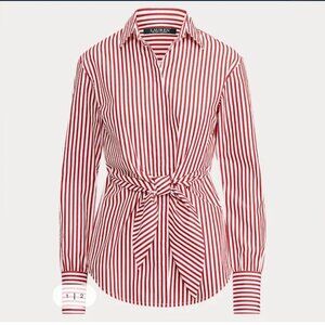Ralph Lauren Red and White Striped Shirt, Plus Size 1x, Button Up, Wrap Detail